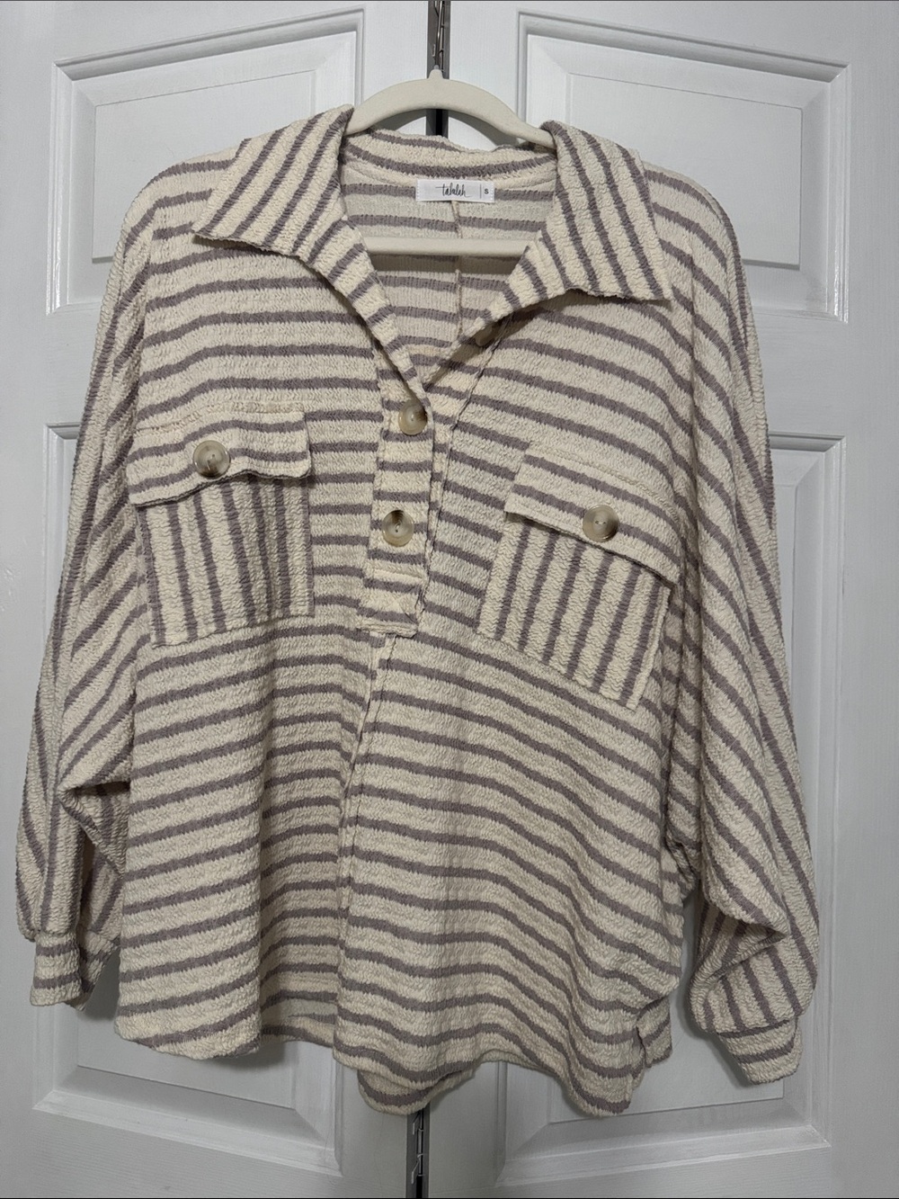 Talula Cream Striped Button-Up Pullover. Beachy thin sweatshirt material.